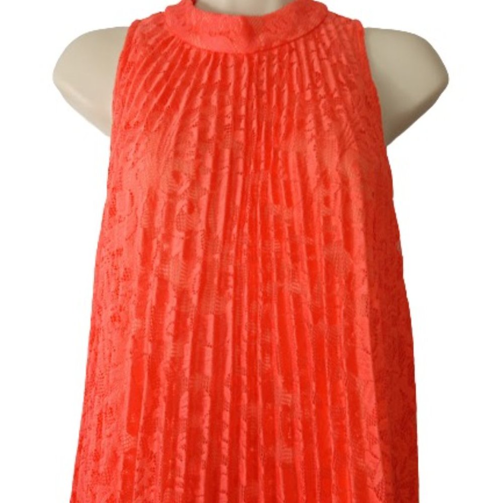 Est 1946 Womens Coral Orange Pleated Floral Lace High Mock Neck Dress - Picture 2 of 3